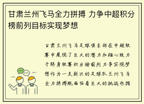 甘肃兰州飞马全力拼搏 力争中超积分榜前列目标实现梦想