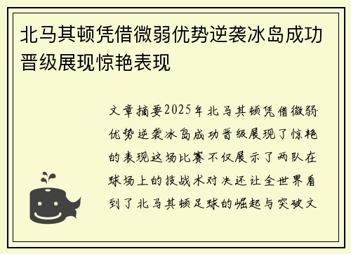 北马其顿凭借微弱优势逆袭冰岛成功晋级展现惊艳表现