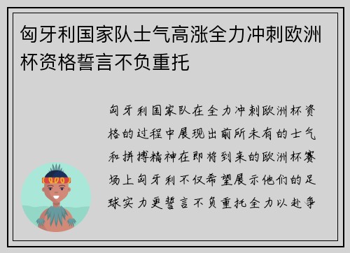 匈牙利国家队士气高涨全力冲刺欧洲杯资格誓言不负重托