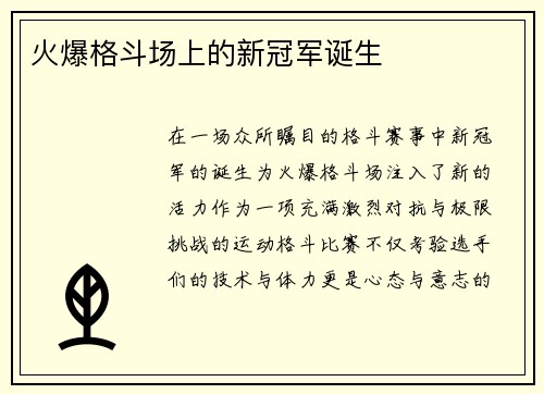 火爆格斗场上的新冠军诞生